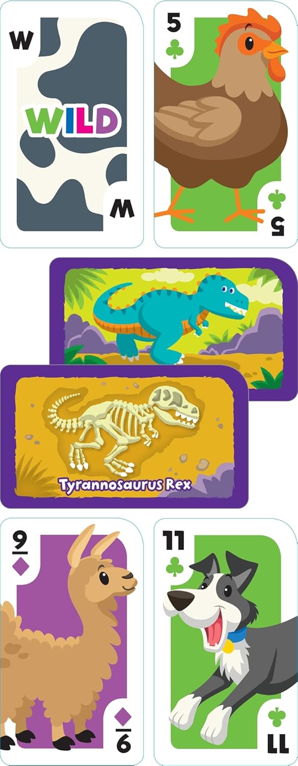 School Zone Get Ready Game Cards Farm Animal Rummy & Dino Dig 2-Pack: 108 Flash Cards, Preschool, Kindergarten, Numbers, Counting, Spelling, Matching, Dinosaurs, Word-Picture Association, Ages 4+