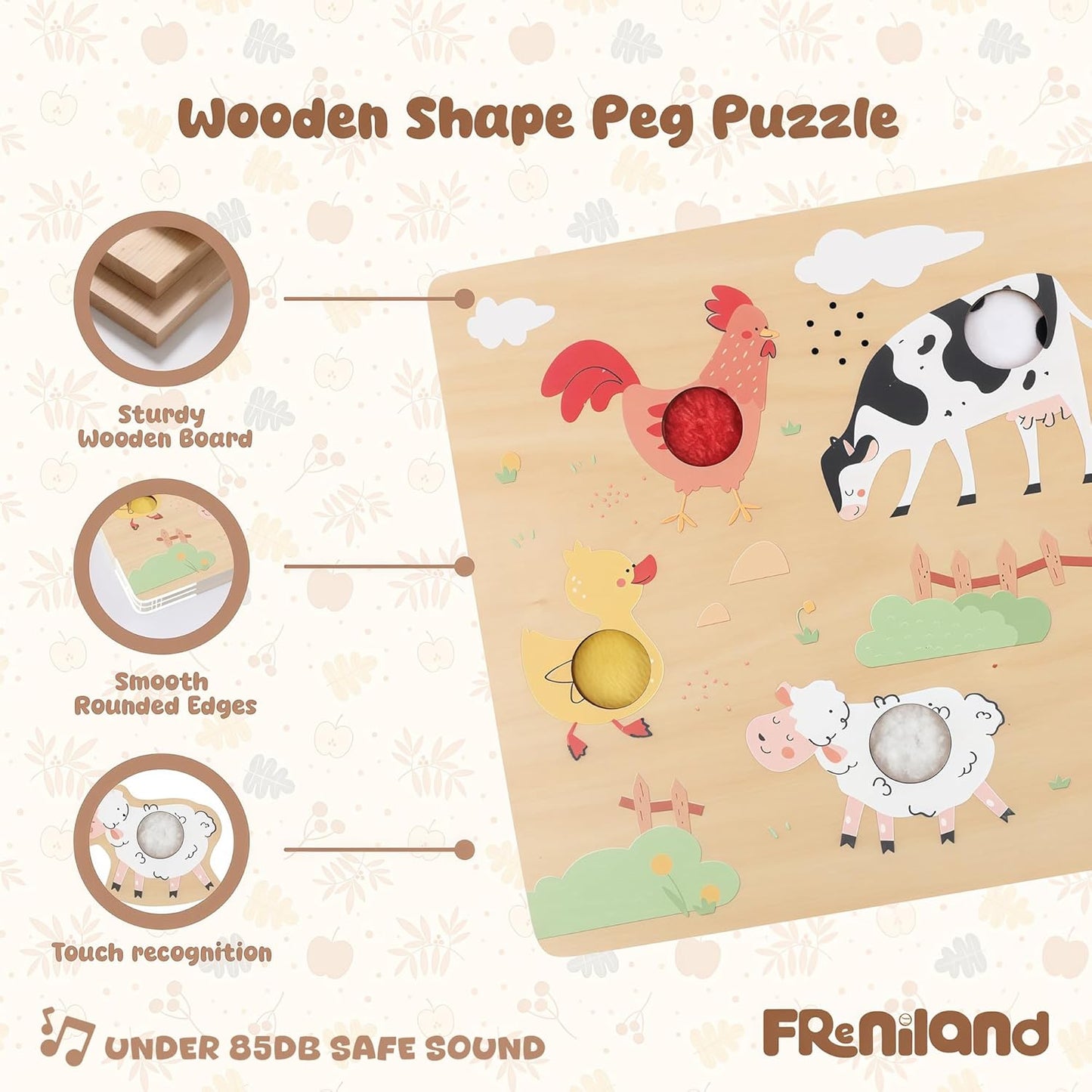 Freniland Press-to-Play Farm Sound Puzzle for Toddlers, Wooden Farm Sound Board with Push Buttons, Montessori Educational Toy for 18M+