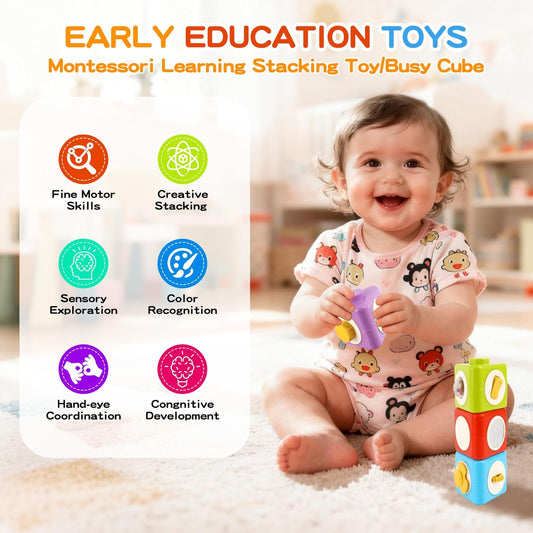 Montessori Activity Cube & Busy Board for 1 Year Old - 12-in-1 Travel Toys for Airplane & Car, Educational Activity Stacking & Sensory Toys for Toddlers 1-2, Easter Basket Stuffers for Toddler