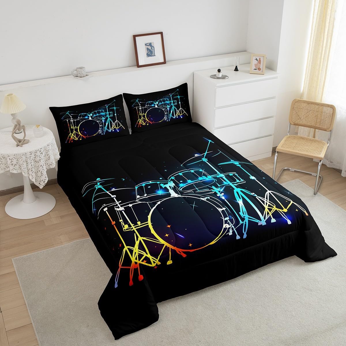 Castle Fairy Drum Kit Comforter Set,Musical Instruments Bedding Set for Kids Girls Women,Adults Rock Music Comforter,Neon Lighting Quilted Duvet Set Bedroom Collection Twin Size 2Pcs