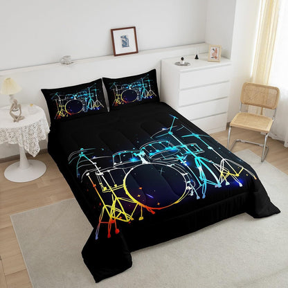 Castle Fairy Drum Kit Comforter Set,Musical Instruments Bedding Set for Kids Girls Women,Adults Rock Music Comforter,Neon Lighting Quilted Duvet Set Bedroom Collection Twin Size 2Pcs