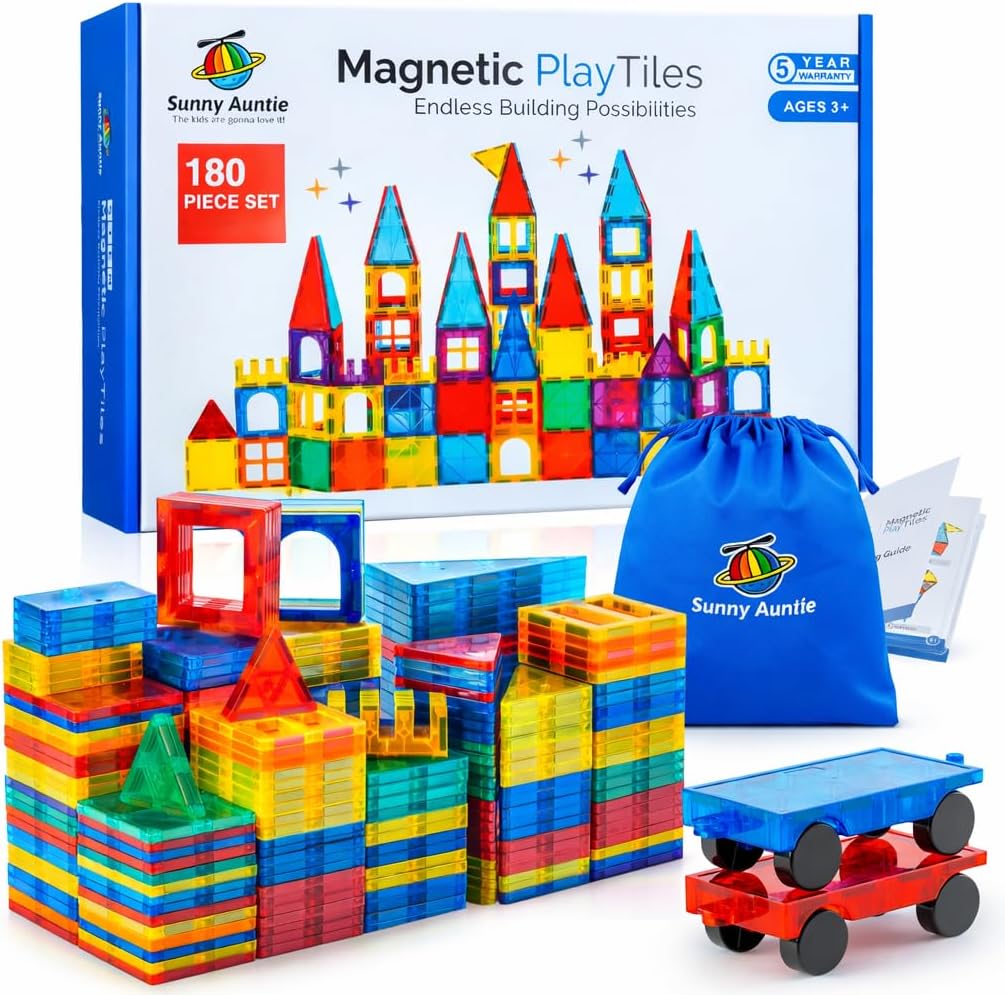 SUNNY AUNTIE Magnetic Tiles 125 PCS XL Set with Storage Bag – Magnetic Building Tiles for Kids Ages 3-8, STEM Magnet Construction Toy for Boys & Girls