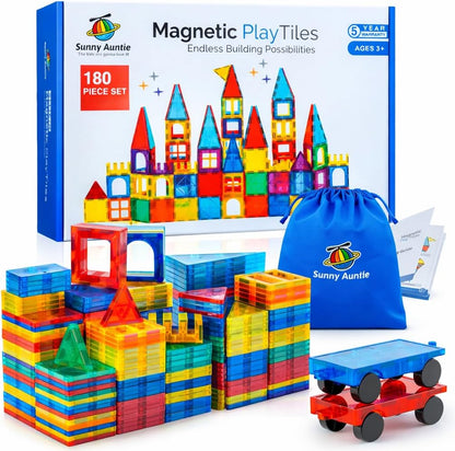 SUNNY AUNTIE Magnetic Tiles 125 PCS XL Set with Storage Bag – Magnetic Building Tiles for Kids Ages 3-8, STEM Magnet Construction Toy for Boys & Girls