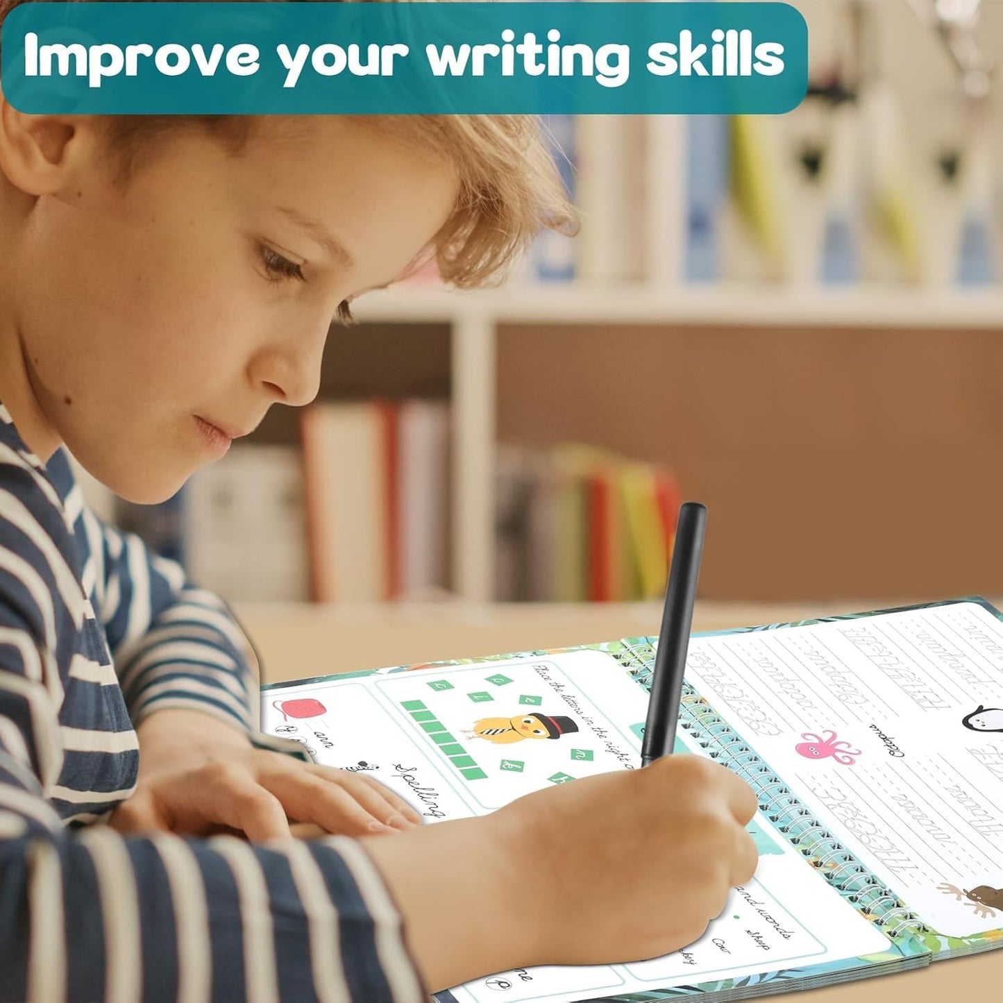 gisgfim Grooved Cursive Handwriting Workbook Magic Reusable Grooved Cursive Handwriting Practice Guided Tracing with Disappearing Ink Pens for Beginners Kids Learning Activities Supplies (Sentence)