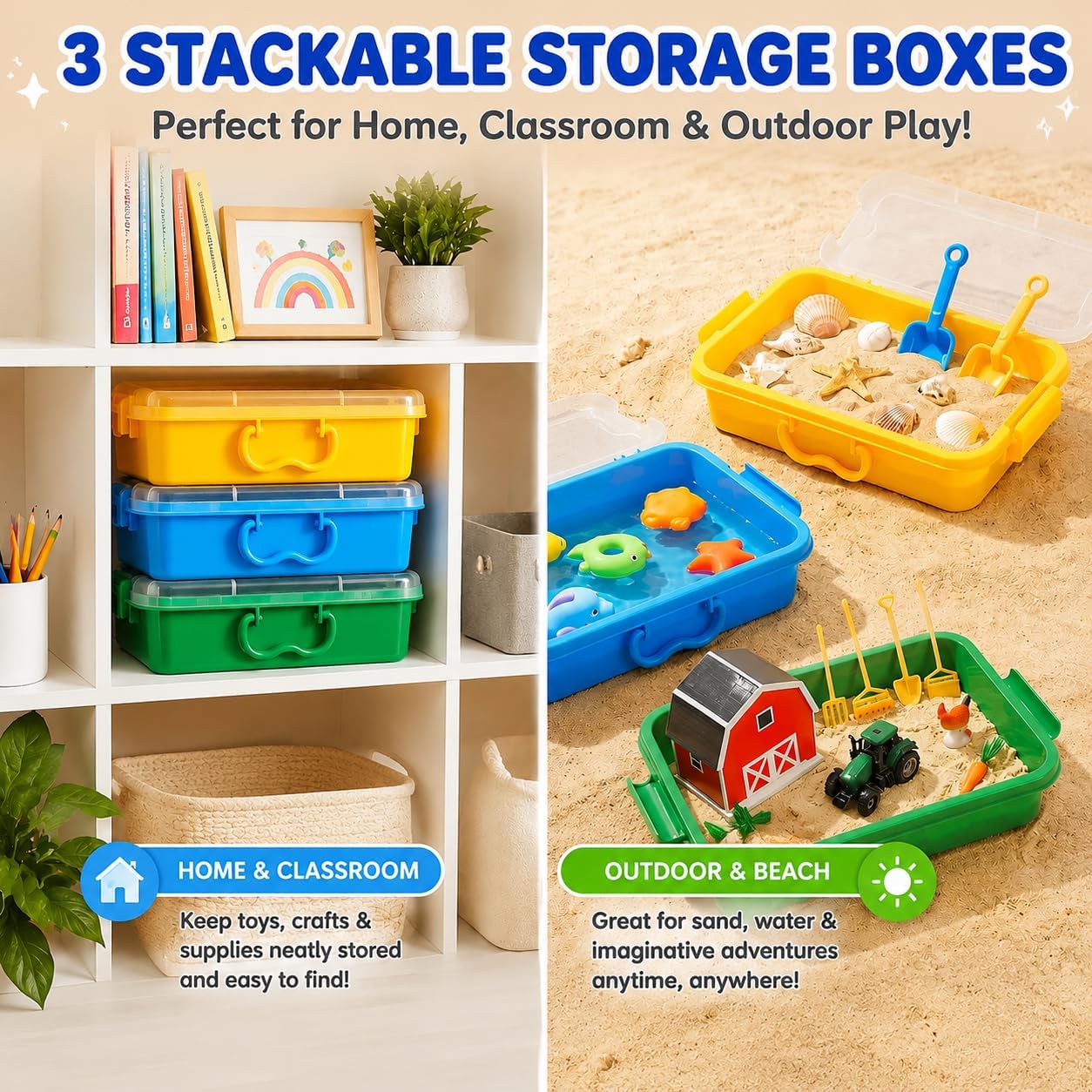 Carolart 3 Pack, Empty Sensory Bin, Wheat Straw Material，13.5 Inch Storage Container, Portable Plastic Storage Bins, Stackable Play Tray for toys,arts,crafts and sand.