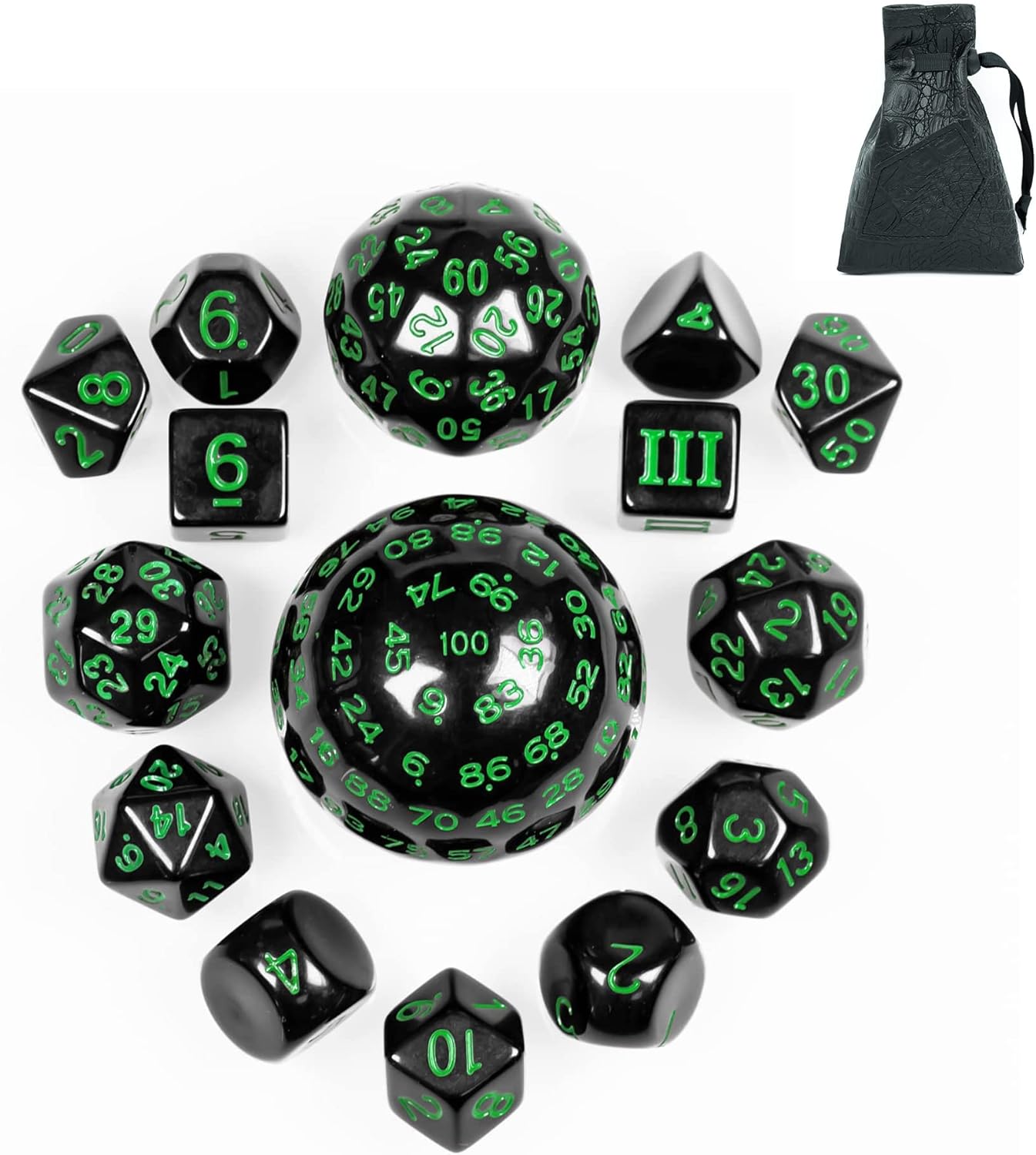 15 Pieces Complete Polyhedral DND Dice Set D3-D100 Spherical D&D Dice Set with Dragon Eye Dice Bag, D100 Dice for RPG Table Games(Black w/Purple Numbers)