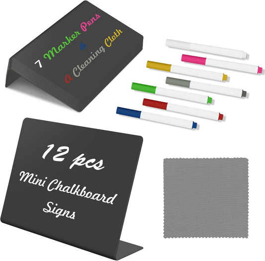 20 Pack 4"x3" V-Shaped Mini Chalkboard Signs, Self-Standing Tabletop Food Labels for Wedding, Bakery, Buffet, Easy to Write & Wipe Off, Includes 7 Color Chalk Markers, Cleaning Cloth