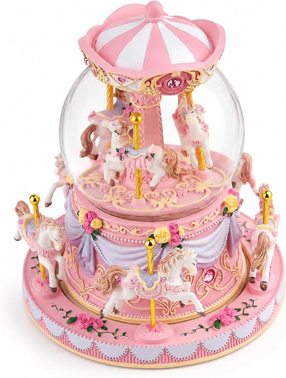 Blue Carousel Snow Globe Music Box with LED Lights, Rotating Horse Merry Go Round with Glitter Snowfall, Wind Up Musical Snow Globe Plays Over the Rainbow, Gift for Daughter Granddaughter Women