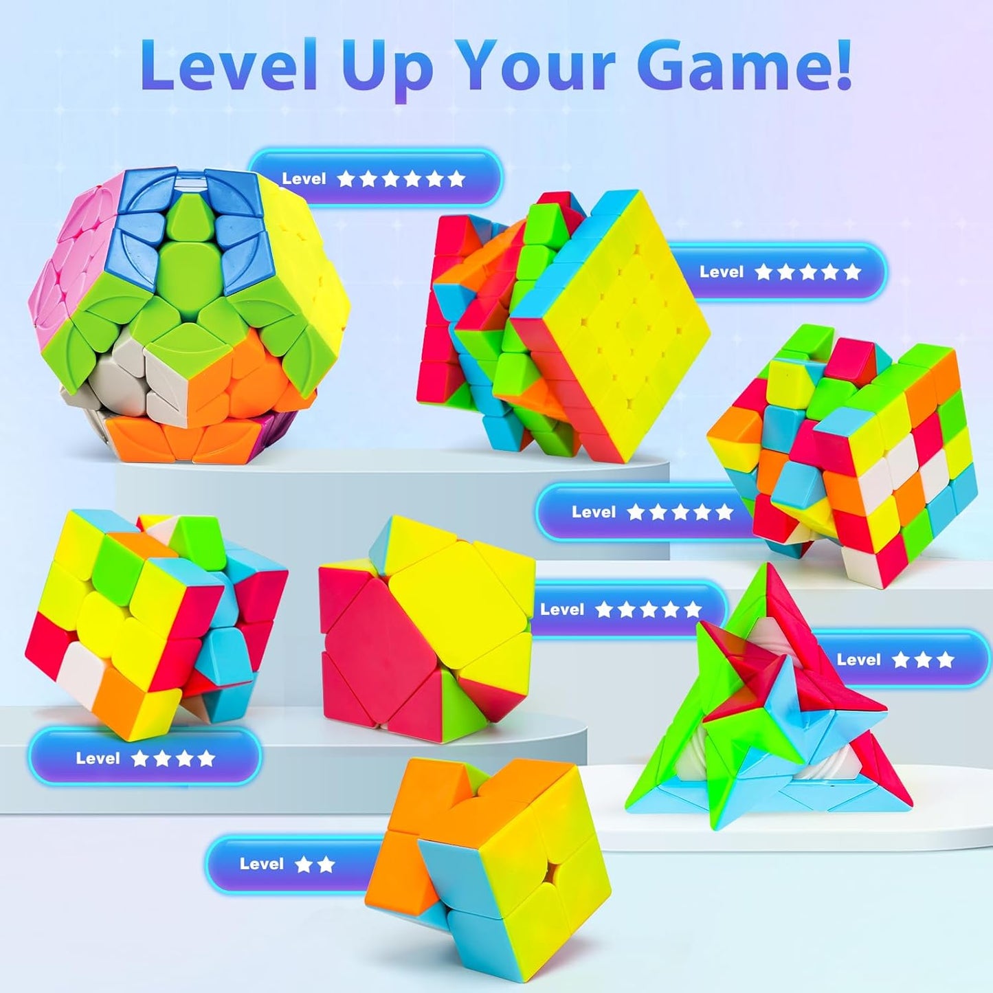 AuntyFey Speed Cube Set, 5 Pack Speed Magic Cube with Speed Cube 3x3, 2x2, 4x4, Pyramid Megaminx Stickerless Cube for Kids Toddlers Adults, Puzzle Cube Set for Kid