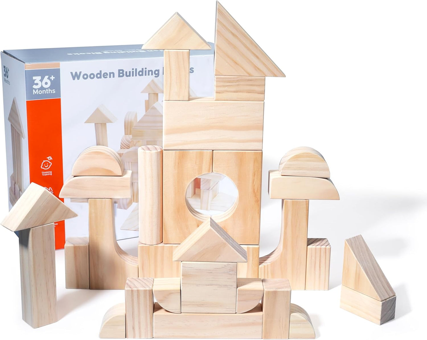 Migargle Large Wooden Building Blocks Set - Educational Preschool Learning Toys with Wooden Storage Box, Toddler Blocks Building and Stacking Toys for 3+ Year Old Boy and Girl Gifts
