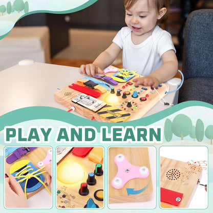 Hoarosall Montessori Wooden Busy Board with 8 LED Light switches, Sensory Toys Light Switch Travel Toys for 1+ Year Old Baby and Toddler