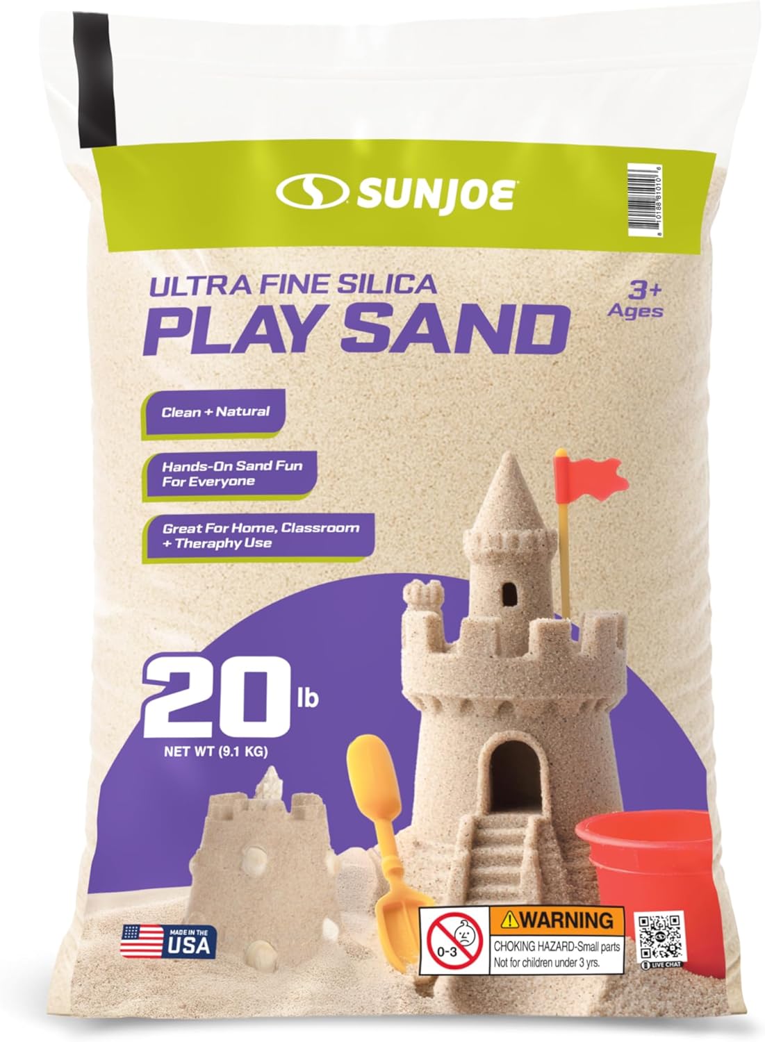 Sun Joe Silica Play Sand for Sandbox, Sensory Table & Gardens, Ultra Fine, 50 Lb Bag - Indoor & Outdoor Craft Accessory for Molding, Digging & Sculpting, PLYSAND50