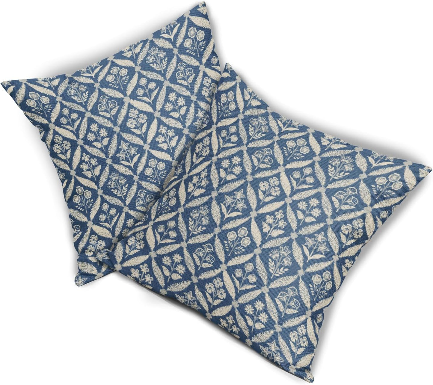 Blue Green Floral Block Print Pillow Covers 12X20 Set of 2, Flower Pattern Spring Summer Print Decorative Throw Pillow Covers Outdoor Farmhouse Seasonal Cushion Case Couch Sofa Bed Decor