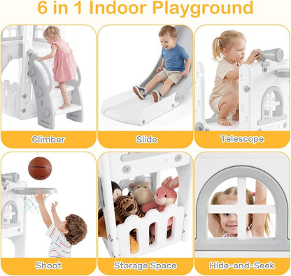 OLAKIDS Toddler Slide and Swing Set, 7 in 1 Kids Indoor Outdoor Playground with Climber Basketball Hoop Telescope Toy Storage for Boys Girls Aged 1+ (Grey)