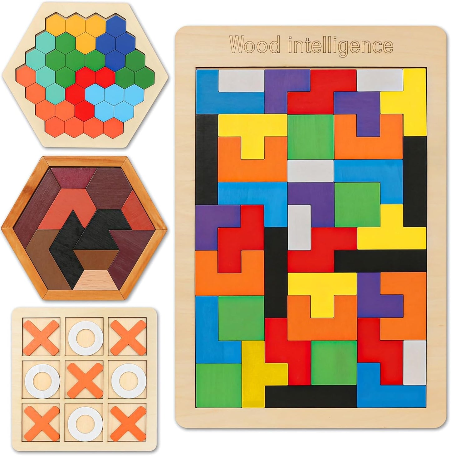 Skrtuan 5 Pack Wooden Puzzles Set - STEM Montessori Educational Board Games and Logic Traning Brain Teaser Geometric Shapes Tangram Puzzle Games for Kids Ages 3+