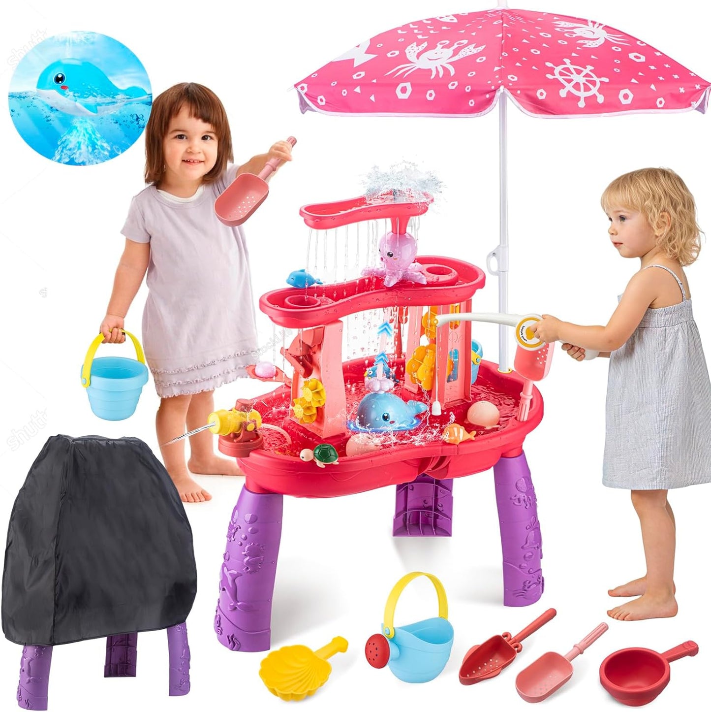 Water Table for Toddlers 3-5 Outdoor Toys for Kids Ages 4-8 3-Tier Kids Sand Water Table with Fishing Game Set Activity Sensory Table Summer Gift Beach Outside Toys for Toddler Girl