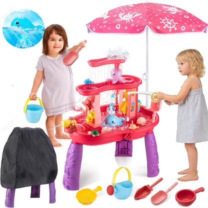 Water Table for Toddlers 3-5 Outdoor Toys for Kids Ages 4-8 3-Tier Kids Sand Water Table with Fishing Game Set Activity Sensory Table Summer Gift Beach Outside Toys for Toddler Girl