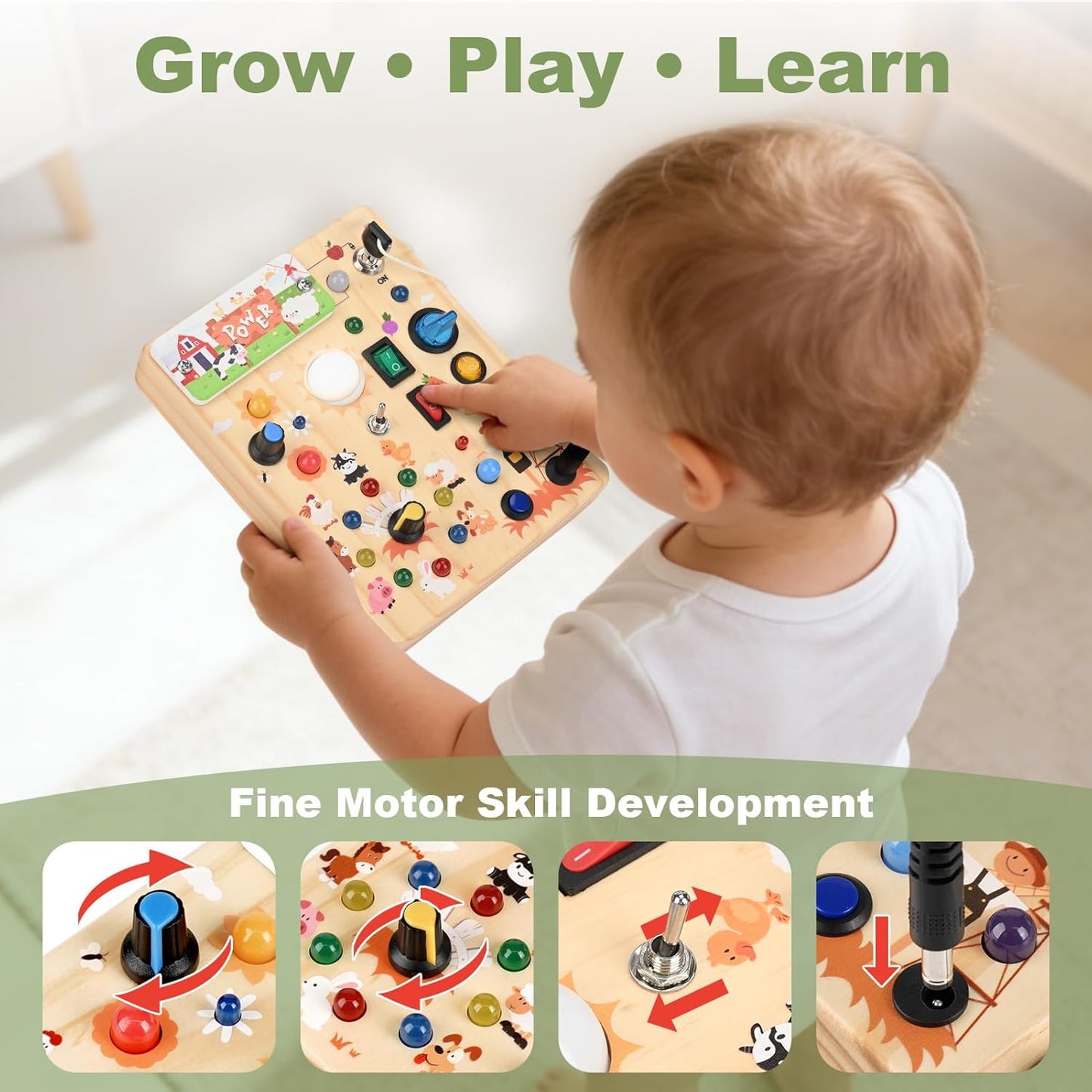 LED Busy Board for Toddlers - Montessori Sensory Toy with 10 Switches & 19 Lights, Wooden Activity Board for Fine Motor Skills, Ideal Educational Birthday Travel Toy Gift for 1 2 3 Year Old Boys Girls