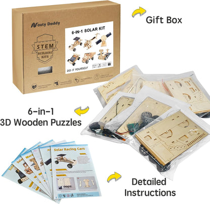 6-in-1 Solar STEM Building Kit, Wooden DIY Construction Set with Satellite, Helicopter, Cars, Educational Science Toy for Kids Ages 6-14 Years