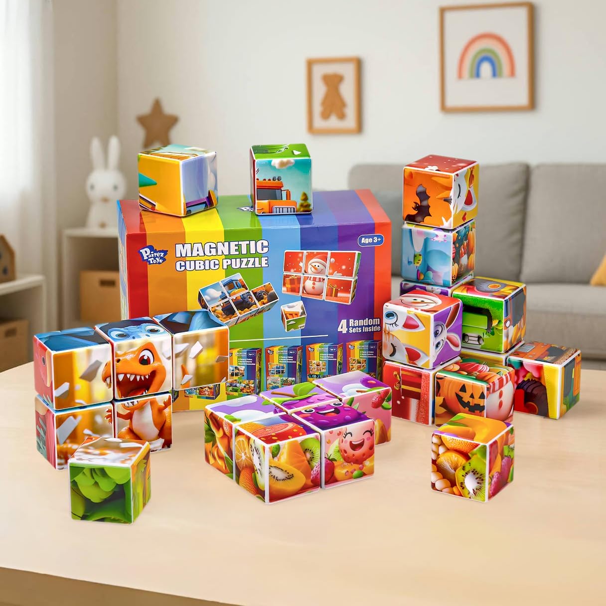 Pairez Toys 3D Magnetic Cubic Jigsaw Puzzle Toys for Toddlers, Large Building Blocks Cubes 1.65 Inches, Sensory & Montessori Toys for Kids 3-5