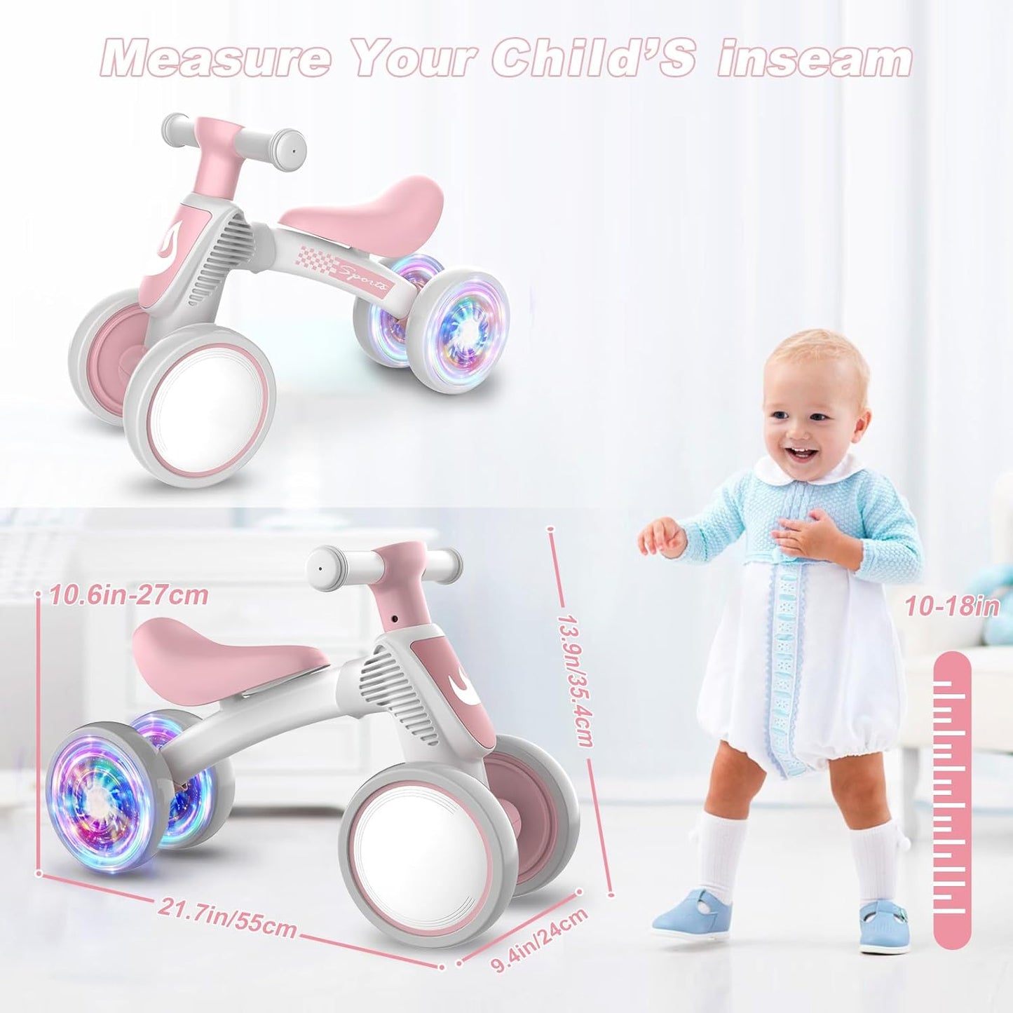 Colorful Lighting Baby Balance Bike Toys for 1 Year Old Boy Gifts, 10-36 Month Toddler Balance Bike, No Pedal 4 Silence Wheels & Soft Seat First Bike, One Year Old Boy Birthday Gift.