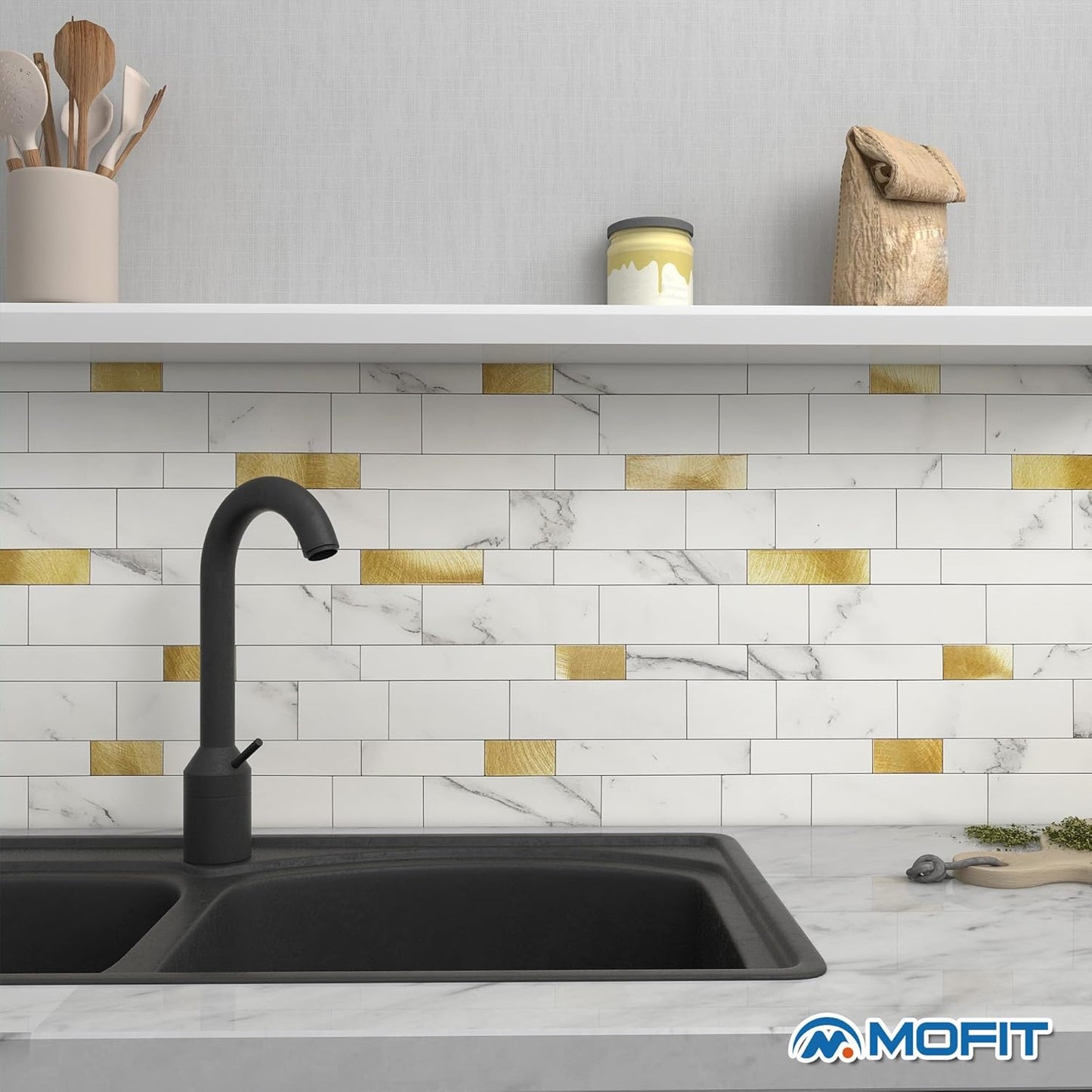 MOFIT Backsplash Tile for Kitchen Peel and Stick Stone Matte Finish,Bathroom Tiles Stickers 3D Wall Panel Linear Mosaic Marble Backsplash Waterproof(5sheets,Blue Green Gray)
