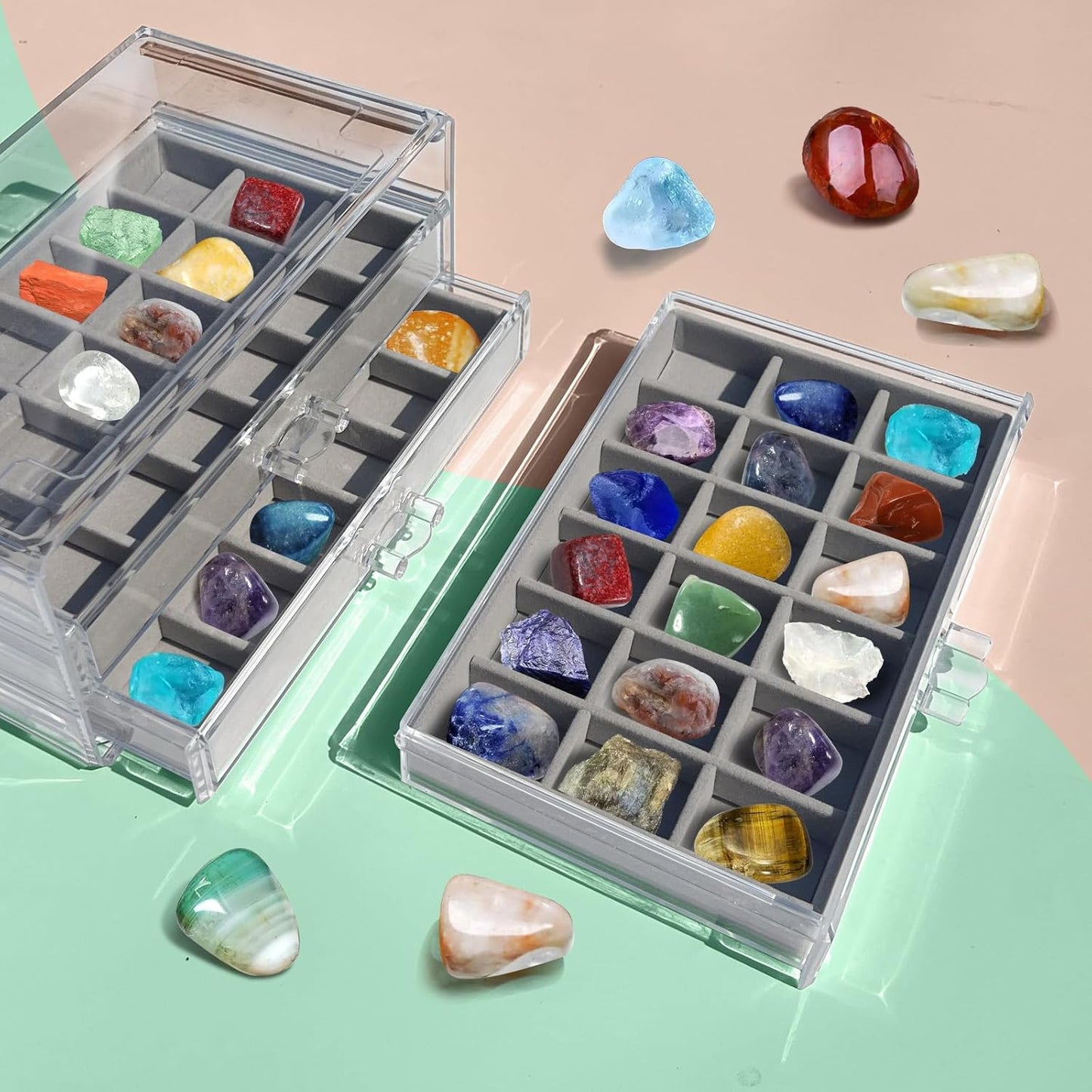 Rock Display Case, Rock Collection Box for Kids & Adults | Crystal Display Shelf, Organizer & Case for Gemstone, Fossil, Mineral | Rock Collection Display Case for All Collectibles