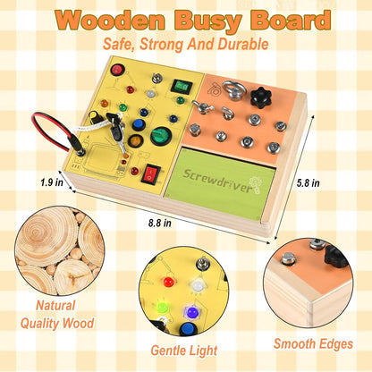 Busy Board with LED Light, Screws and Key, 3-in-1 Montessori Screwdriver Board, Wooden Switch Board, Montessori Toys for Toddler 3 4 5 Year Old, Fine Motor Skill Toys Birthday for Kids