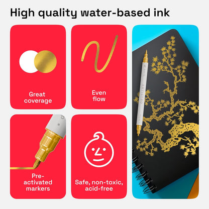 ARTISTRO 2 Gold & Silver Dual-Tip Acrylic Paint Pens - Multisurface Markers for Glass, Rock, Fabric, Wood, Plastic & More - 5mm Dot + 1mm Fine Tips