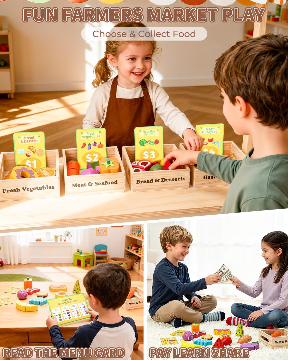Wooden Play Food Set for Kids Kitchen - Pretend Cutting Toys with Fruits, Vegetables, Meat & Bakery - Montessori Sorting Toy for Boys & Girls Ages 3-8 - Ideal Gift for Christmas & Birthday