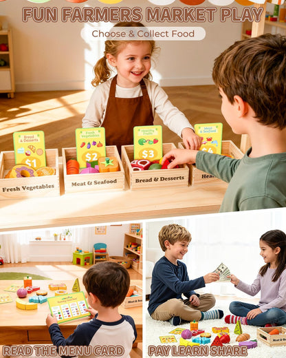 Wooden Play Food Set for Kids Kitchen - Pretend Cutting Toys with Fruits, Vegetables, Meat & Bakery - Montessori Sorting Toy for Boys & Girls Ages 3-8 - Ideal Gift for Christmas & Birthday