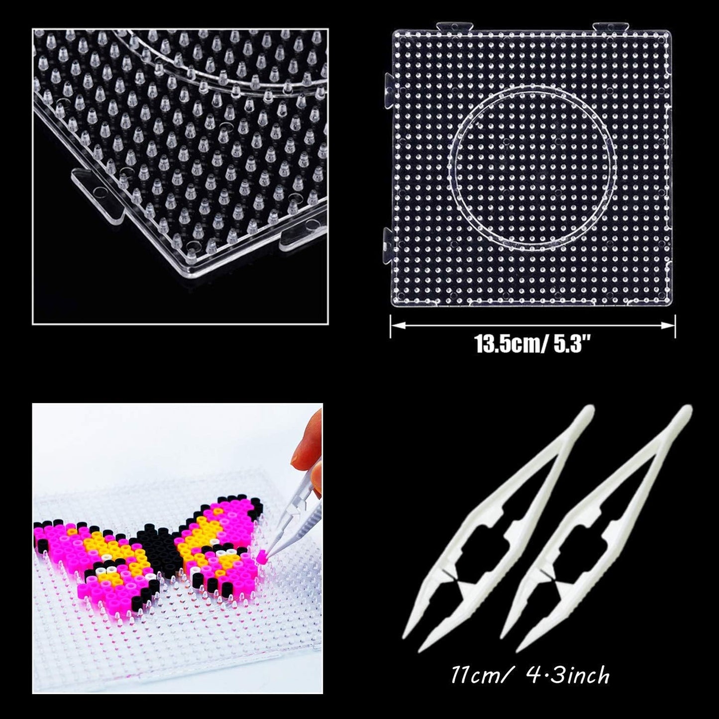 5 mm 6 Pack Fuse Beads Boards Allazone Large Round Square Clear Plastic Pegboards with 4 PCS White Beads Tweezers, 10 PCS Ironing Paper for Kids Craft Supplies
