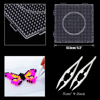 5 mm 6 Pack Fuse Beads Boards Allazone Large Round Square Clear Plastic Pegboards with 4 PCS White Beads Tweezers, 10 PCS Ironing Paper for Kids Craft Supplies