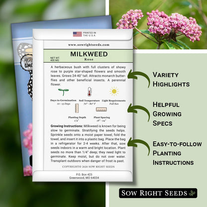 Sow Right Seeds - Rose Milkweed Seeds for Planting - Attract Monarch Butterflies to Your Garden - Non-GMO Heirloom Seeds, Instructions to Grow - Perennial Plant for Pollinators - Swamp Variety (4)