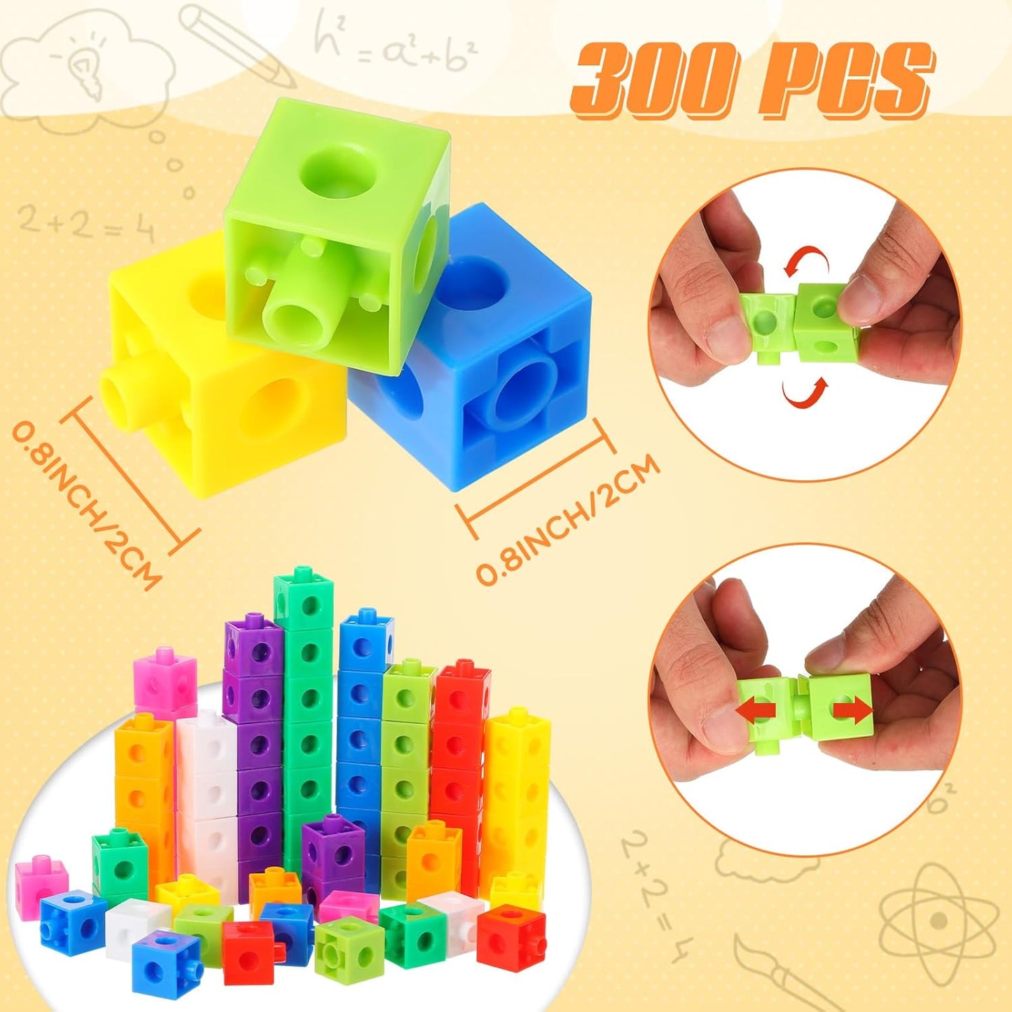 Jenaai 300 Pcs Counting Cubes, Plastic Connecting Blocks, Colorful Math Cubes, Math Manipulatives Classroom Learning Supplies, Preschool Learning Materials, Counting Toys (Simple Style)