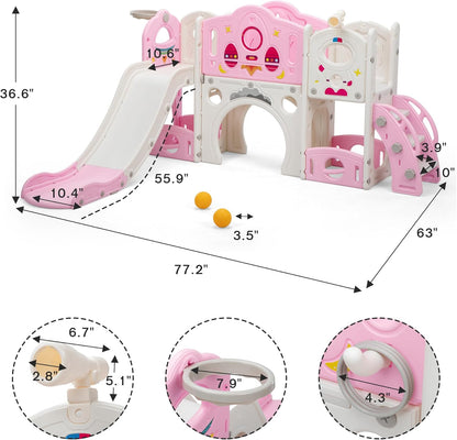 NYEEKOY 9 in 1 Toddler Slide and Climber Playset Freestanding Backyard Playground for Children Age 1-4, Indoor Outdoor Kids Slide with Basketball Hoop,Telescope, Ring-toss and Storage Space