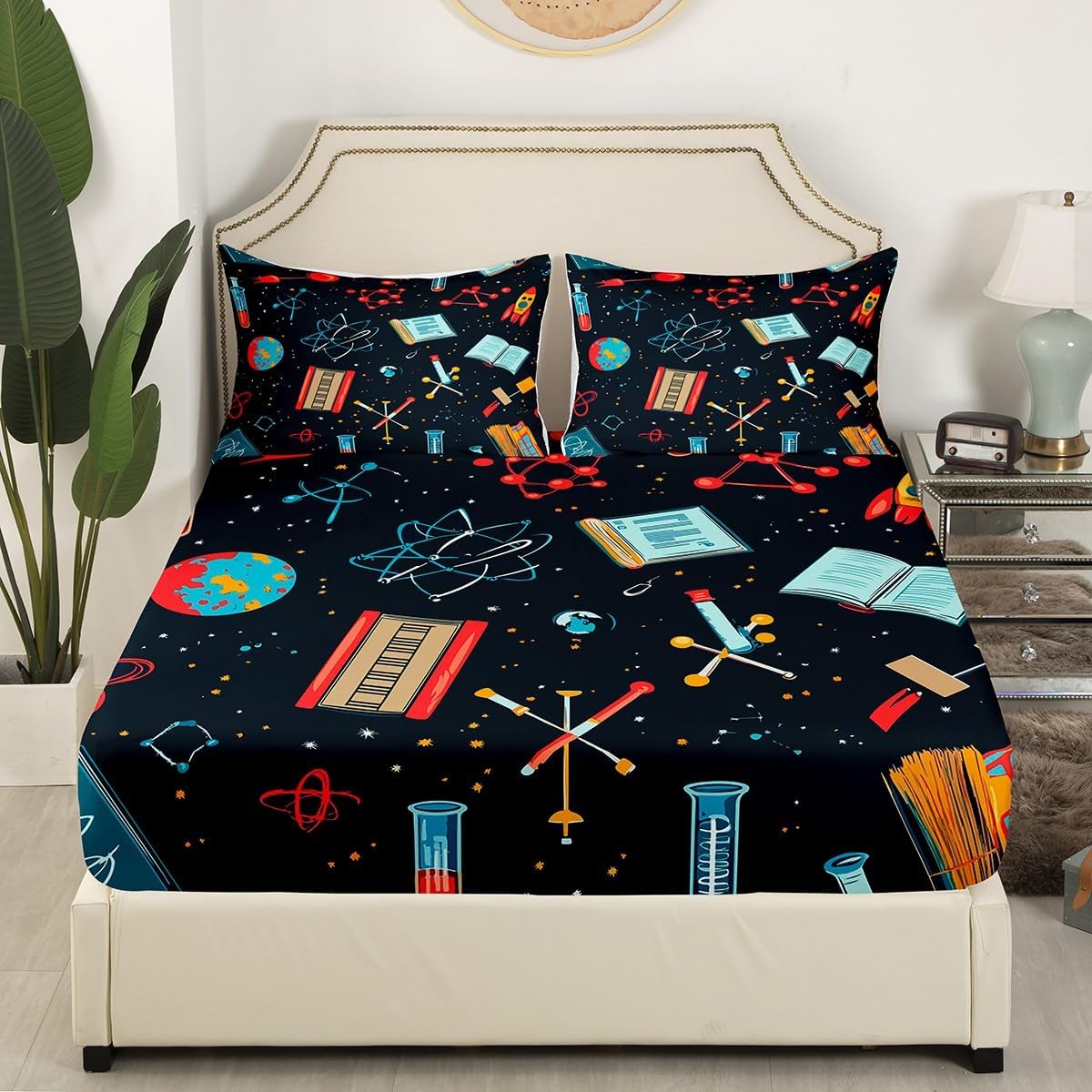 Erosebridal Science Theme Bed Sheets Set Full Size for Boys Girls Chemistry Periodic Table Print Sheet Set Chemical Subject Theme Sheets Teens Kids Math Science Atyle Fitted Sheet 4 Pcs