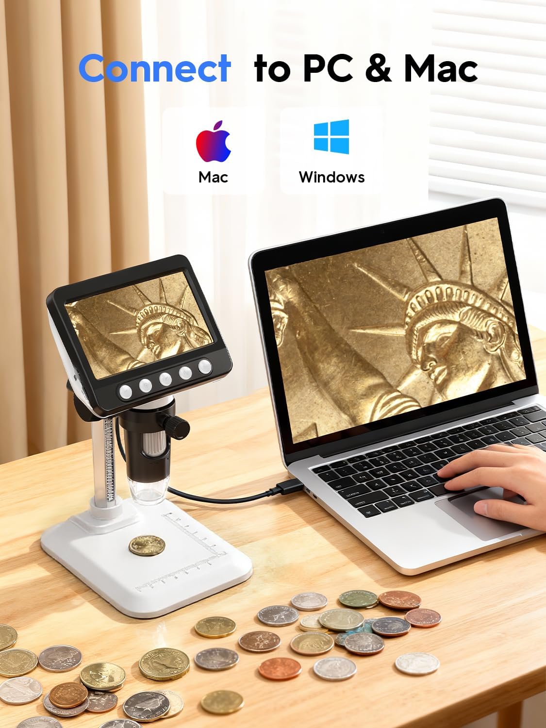Coin Microscope, 4.3" LCD USB Digital Microscope 1000X Coin Magnifier with 8 Adjustable LED Lights, 1080P PC View Compatible with Windows/MacBook for Adults Kids
