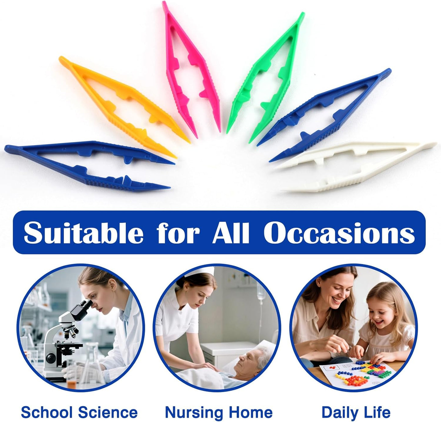 6-Piece Plastic Craft Tweezers for Kids – Non-Slip Bead & DIY Jewelry Making Tools (White, Pink, Blue, Yellow, Green)