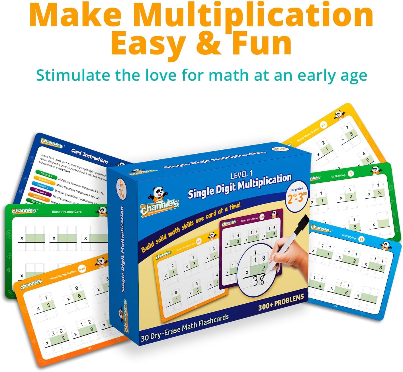 Channie’s Single Digit Multiplication Flashcards, 30 Double-Sided Dry Erase 2nd - 3rd Grade Multiplication Flash Cards, Easy-to-Use Level 1 Multiplication Practice, 300+ Problems