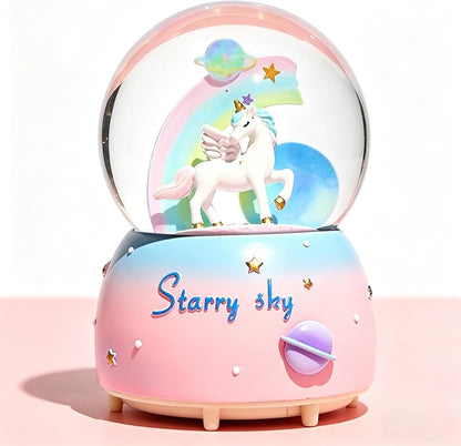 Unicorn Music Snowball, 80MM Snow Globes for Girls Music Box, with LED Rainbow Snow Lights, Birthday, Christmas, Ideal Gift for Girls (Pink&Blue)