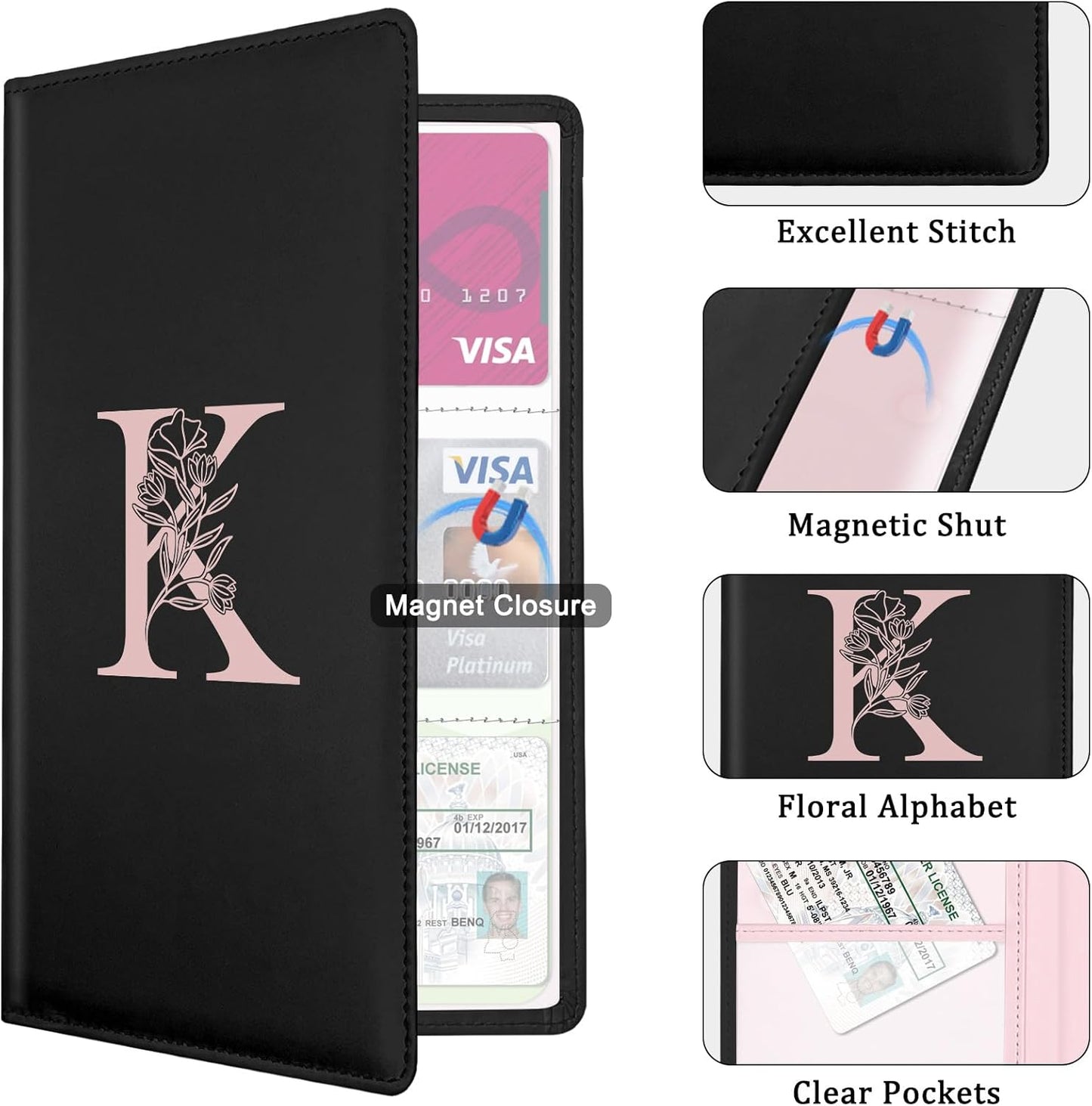 Letter Car Registration and Insurance Holder, with Magnetic Closure for License, Cards and Documents,Vehicle Glove Box Car Organizer, Interior Car Accessories for Women Men (I)