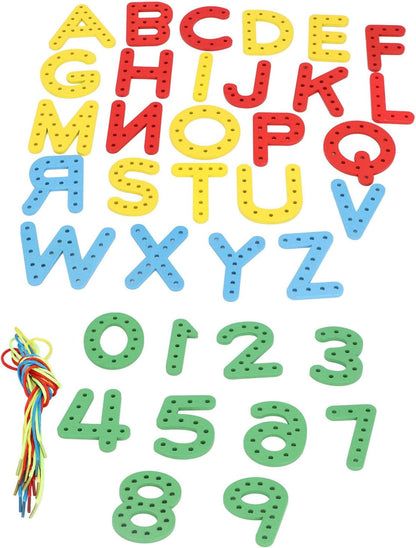 Lacing Alphabet and Number Cards, Wooden Threading Letters Beads with 8 Strings for Early Spelling, Number Alphabet Lacing Cards for Boys Girls