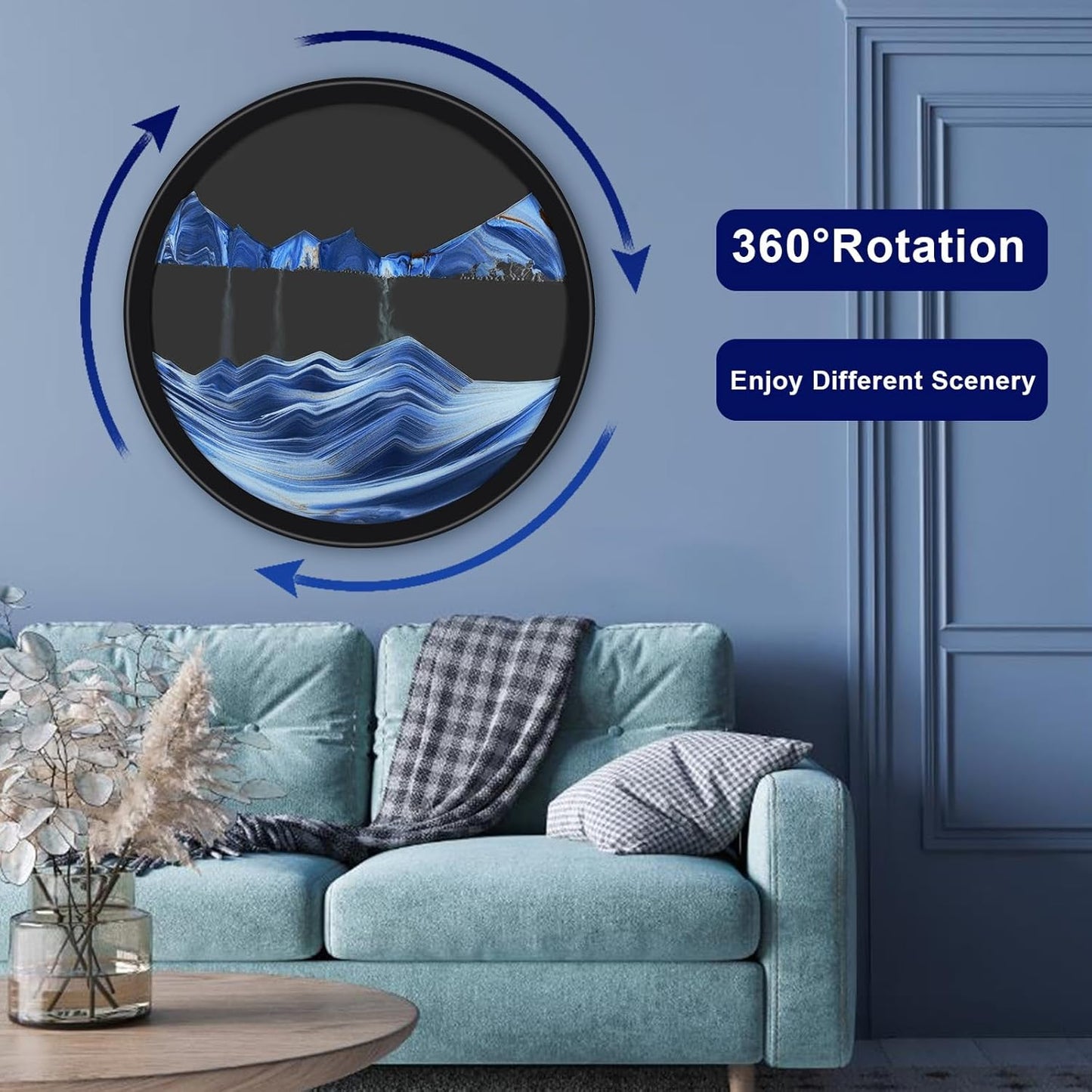 17.3" Moving Sand Art, 3D Sand Art Pictures Deep Sea Sandscape Living Room Decoration, 360° Rotate, Glass Crafts Solid Wood Frame, Relaxing Mood Home Office Work Wall Art Decor