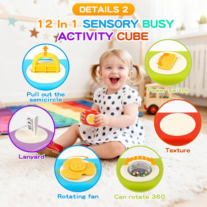 Montessori Activity Cube & Busy Board for 1 Year Old - 12-in-1 Travel Toys for Airplane & Car, Educational Activity Stacking & Sensory Toys for Toddlers 1-2, Easter Basket Stuffers for Toddler