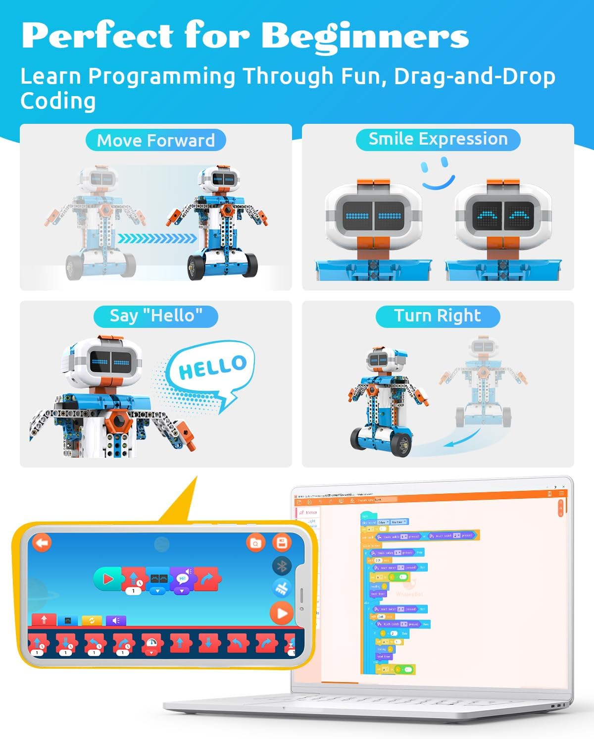 WhalesBot D1 21-in-1 STEM Coding Robot Kit for Kids (Ages 4+), 280+ Pieces Educational Building Set with APP-Controlled & Programming, 3D APP Guidance, Ideal Toy for Boys & Girls