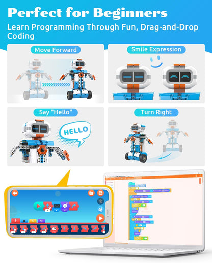 WhalesBot D1 21-in-1 STEM Coding Robot Kit for Kids (Ages 4+), 280+ Pieces Educational Building Set with APP-Controlled & Programming, 3D APP Guidance, Ideal Toy for Boys & Girls