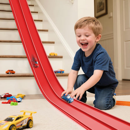 Flex Tracks 15 Ft Starter Set Flexible Race Track for Kids 3+, Flexible Car Track Race Car Ramp Track Compatible with Diecast 1/64th Cars, Portable Rolls Up Race Tracks with Strong Suction Cups