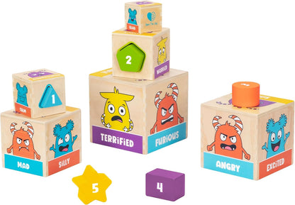 Open The Joy Wooden Tower of Emotions – Stacking Emotional Learning Toy for Toddlers | 5 Emotion Face Blocks + 5 Shape Sorting Blocks | Montessori Toy for Early Development | Ages 12 Months+