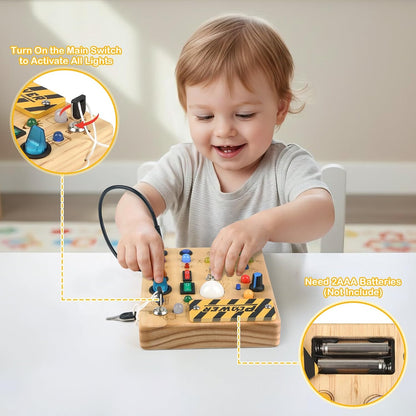 Sanlebi LED Busy Board for Toddlers 1-3,Montessori Toy with Key Switch, Light Up Wood Activity Sensory Board for Fine Motor Skills, Educational Travel Toy Gift for 1 2 3 Year Old Boys Girl